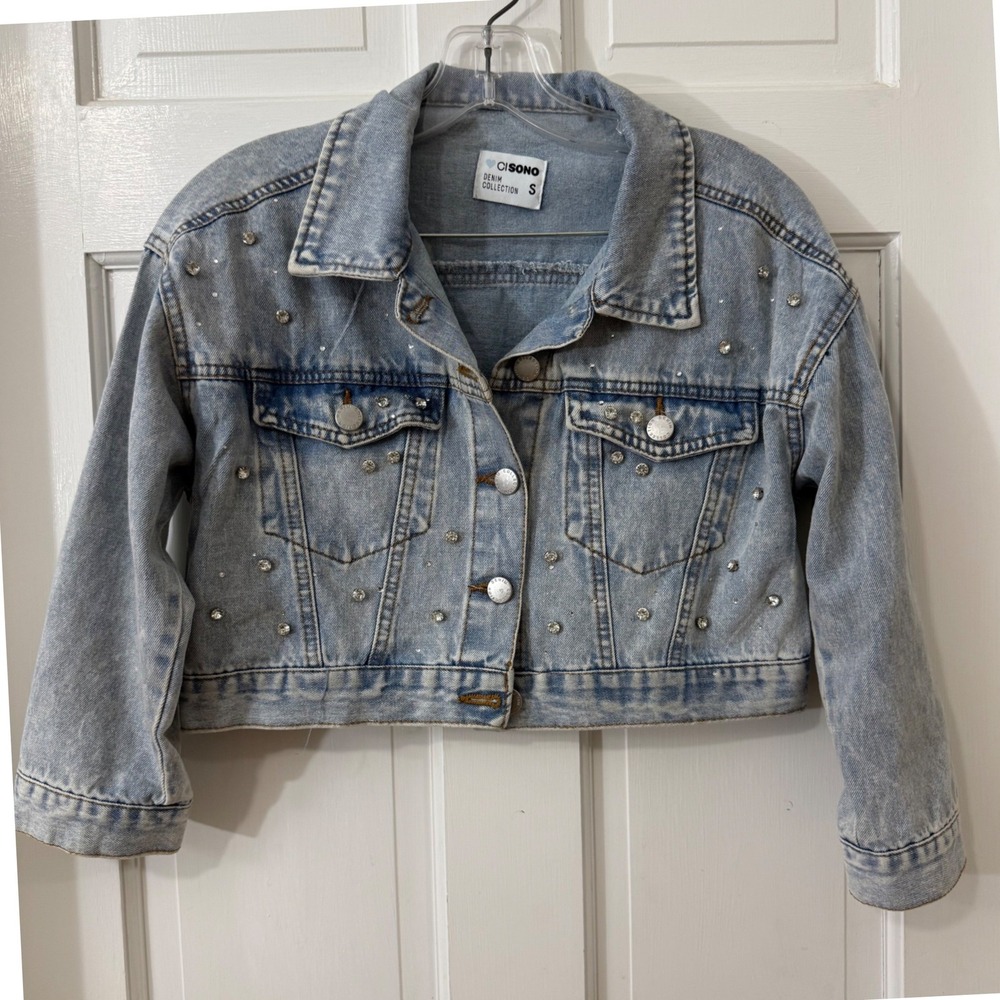 Cisono Studded‎ Rhinestone Denim Jacket Sz S Cropped Boho Y2K Festival Western